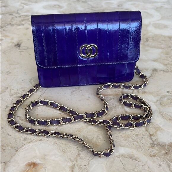 Genuine Eel-skin Mini Shoulder / Clutch Bag with Chain & Leather Strap - Picture 3 of 16